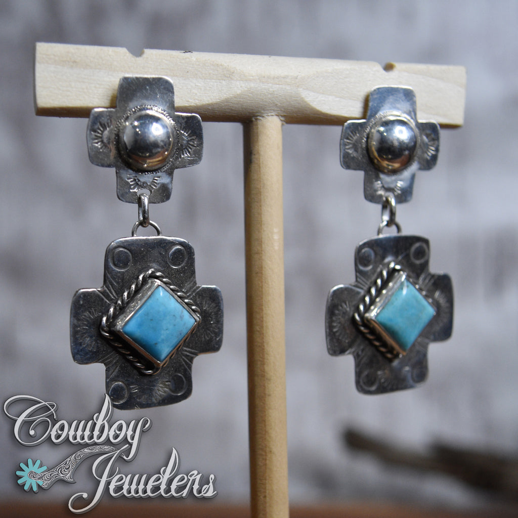 106 - Turquoise native cross hand stamped earrings