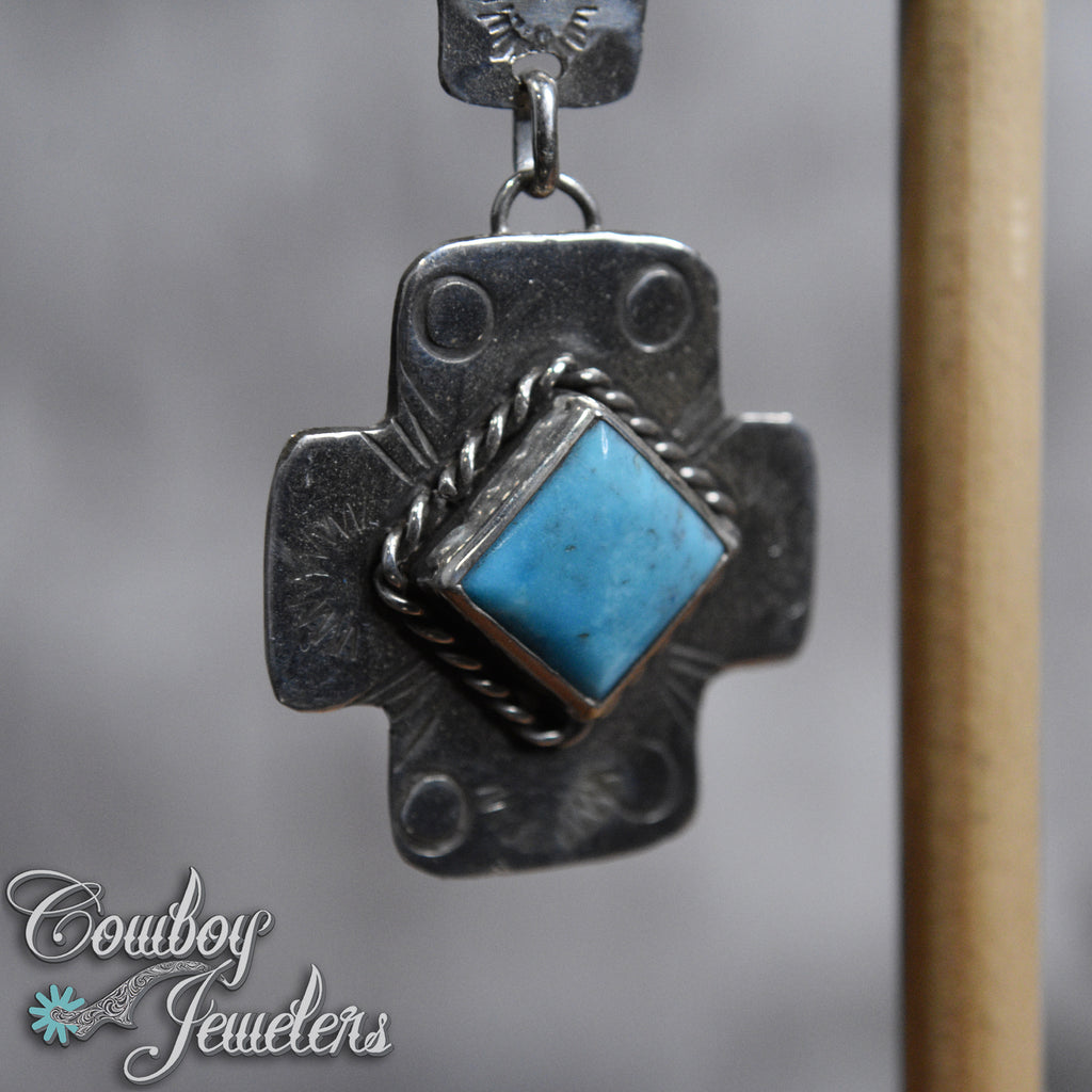 106 - Turquoise native cross hand stamped earrings