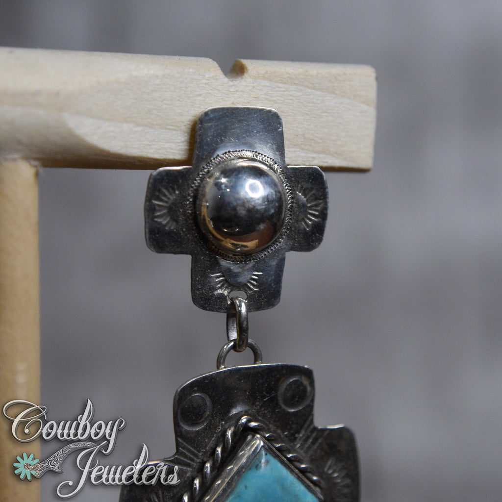 106 - Turquoise native cross hand stamped earrings