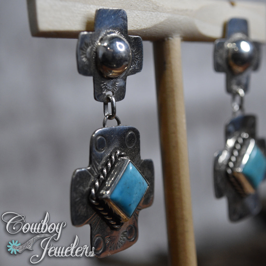 106 - Turquoise native cross hand stamped earrings