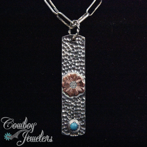 Bar pendant with copper flower and turquoise 203
