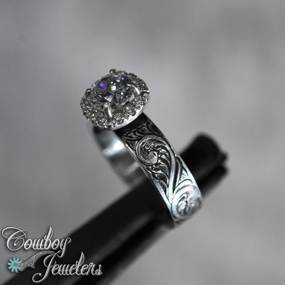 5505 - Size 7 1/2 : Ready to ship Sterling silver antiqued ring, halo setting