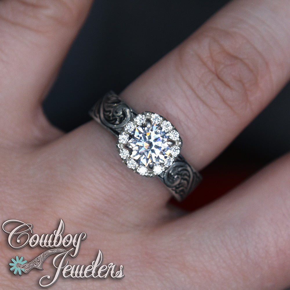 5505 - Size 7 1/2 : Ready to ship Sterling silver antiqued ring, halo setting