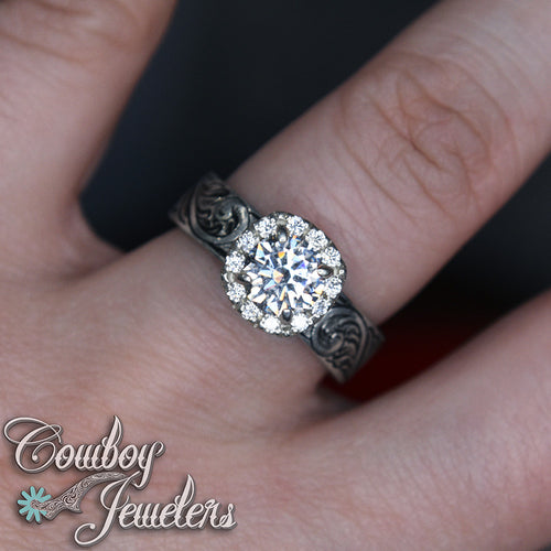 5505 - Size 7 1/2 : Ready to ship Sterling silver antiqued ring, halo setting