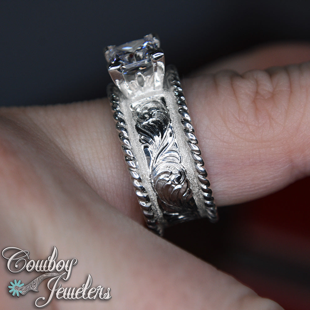 5049 - Sterling silver engraved Rope edge ring: Ready to ship