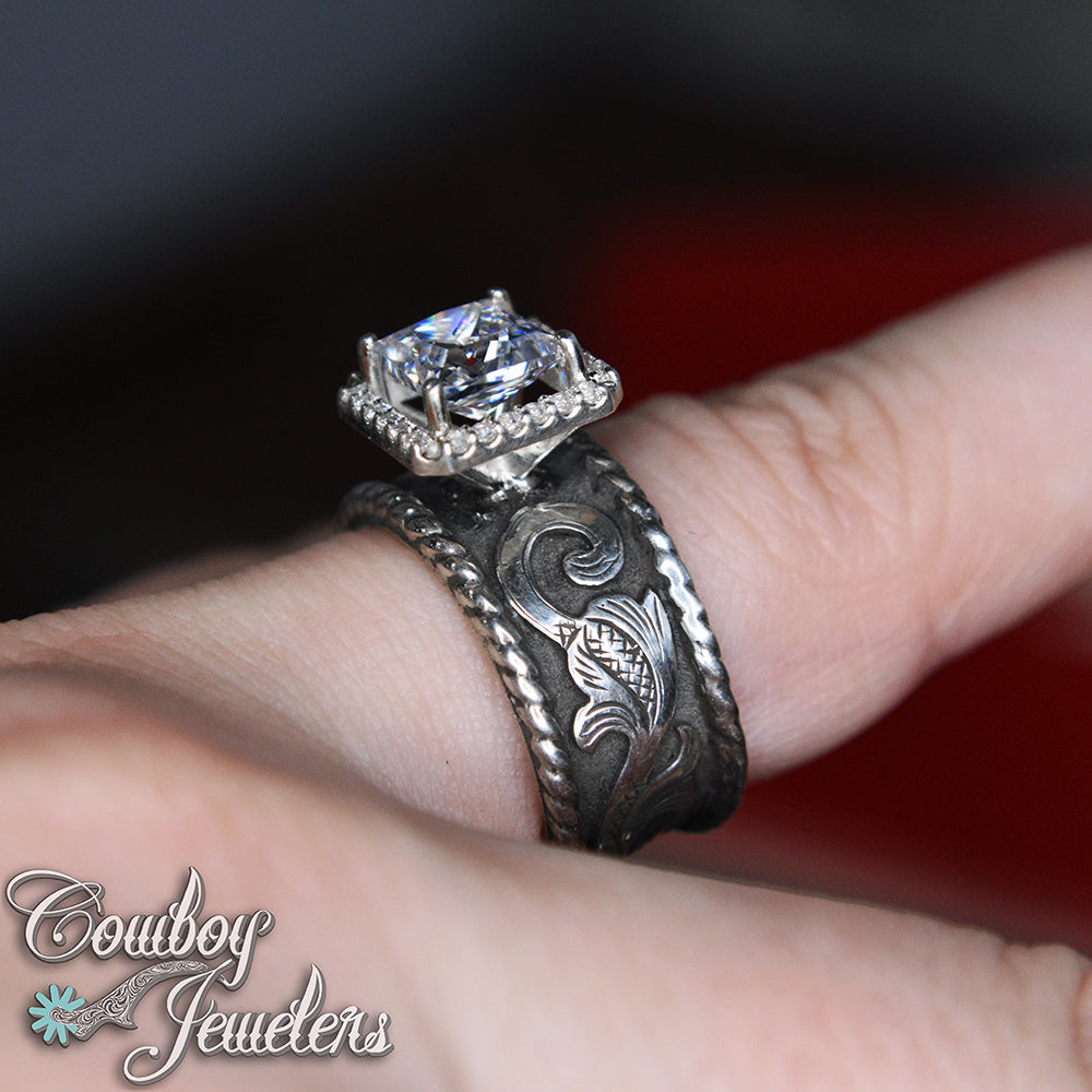 510 - Sterling silver scrollwork ring & halo setting Ready to ship