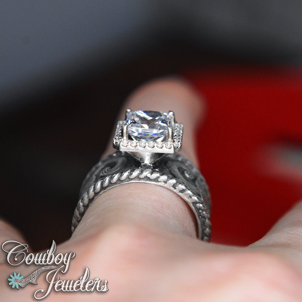 510 - Sterling silver scrollwork ring & halo setting Ready to ship