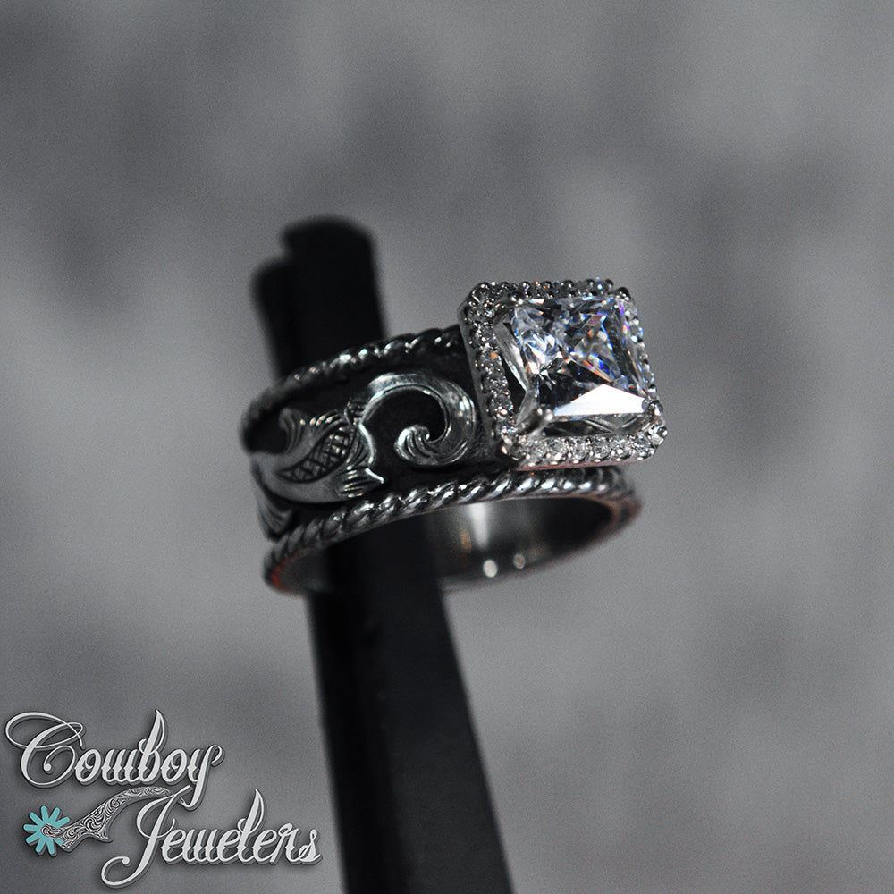 510 - Sterling silver scrollwork ring & halo setting Ready to ship