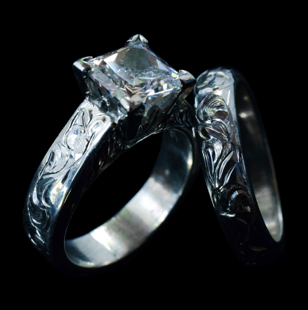 engraved sterling silver ring with 2 carat princess diamond