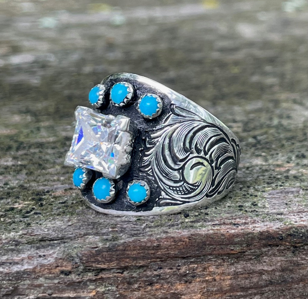 Wide engraved turquoise ring with 2 carat princess center stone 5310