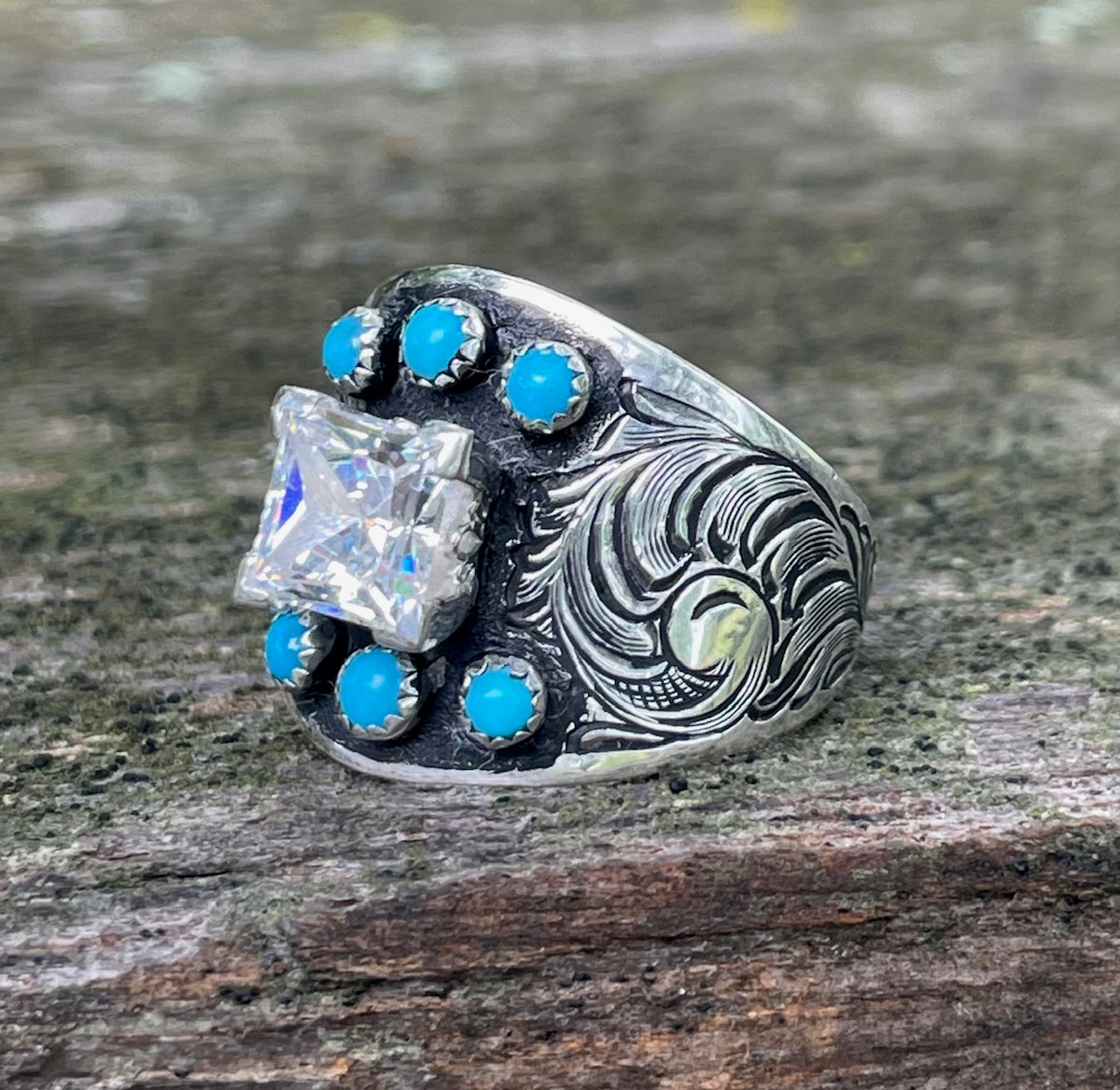 Wide engraved turquoise ring with 2 carat princess center stone 5310