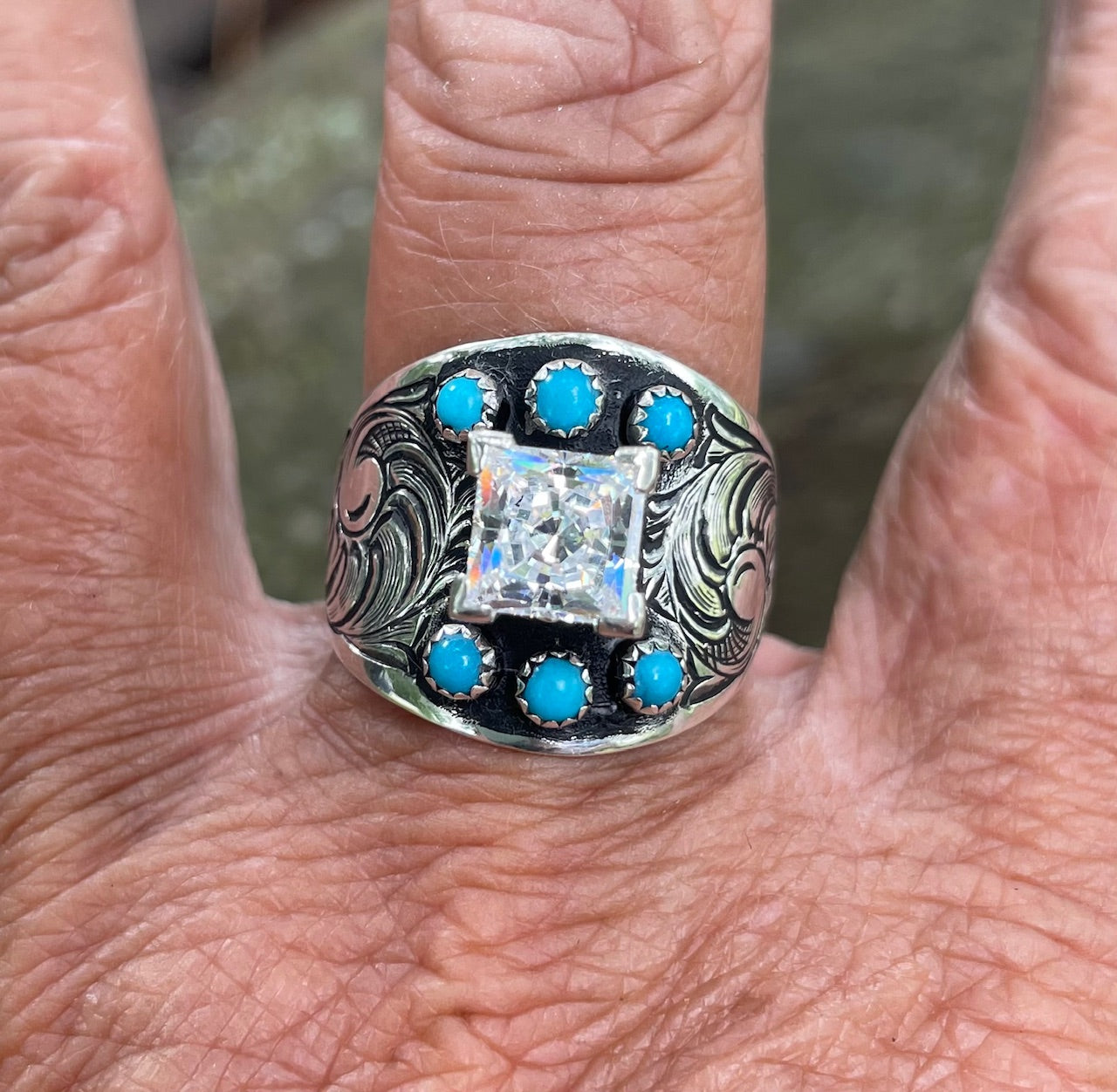 Wide engraved turquoise ring with 2 carat princess center stone 5310