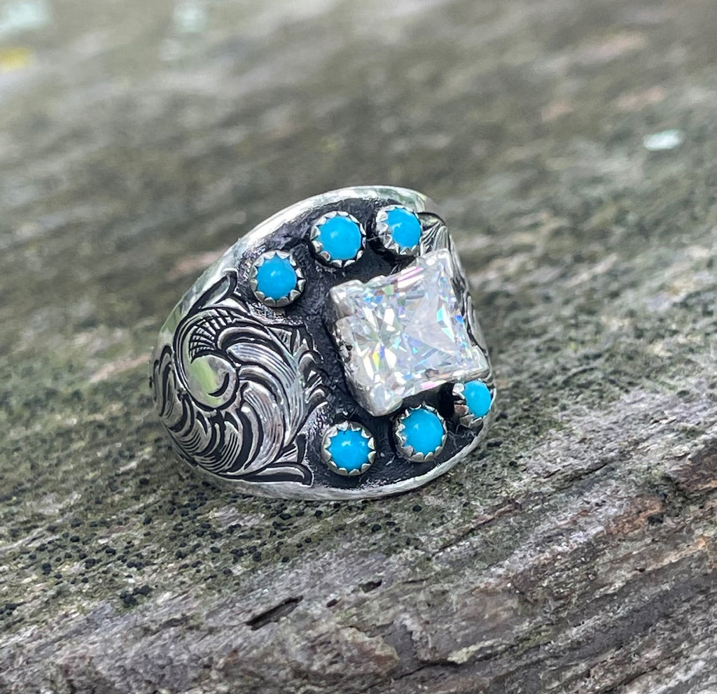 Wide engraved turquoise ring with 2 carat princess center stone 5310