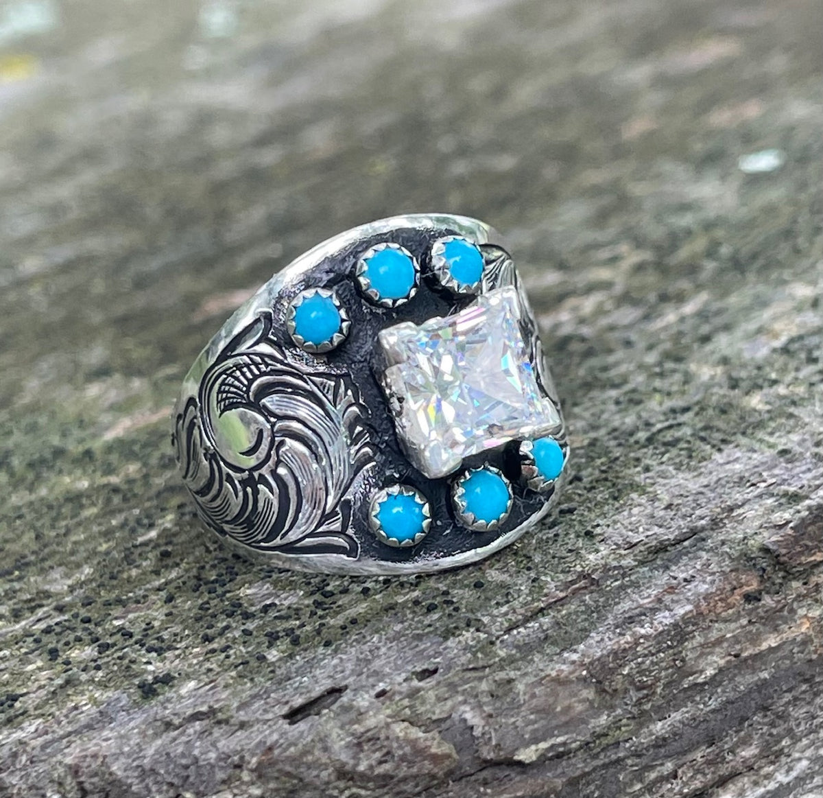 Wide engraved turquoise ring with 2 carat princess center stone 5310