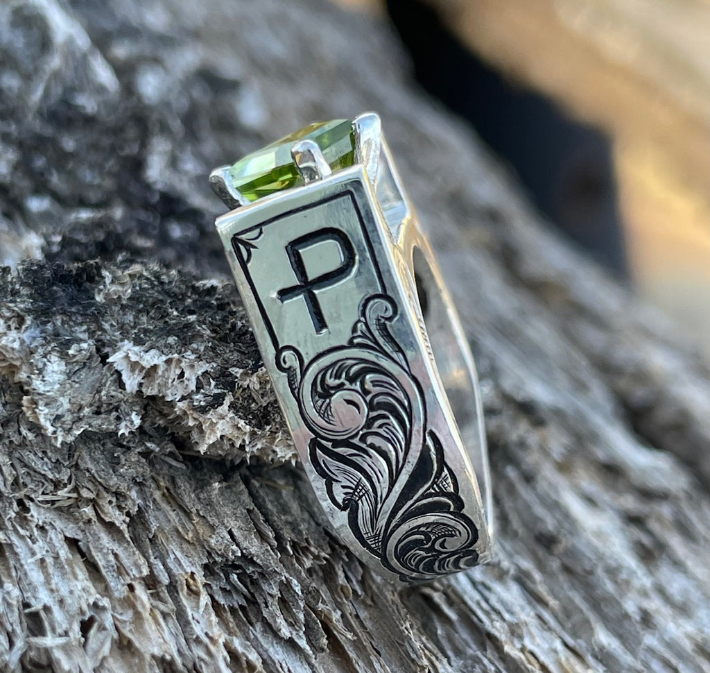 Western style engraved ring with halo setting and brand 5610