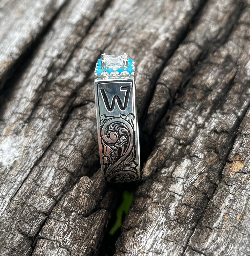 Western style engraved ring with halo setting and brand 5610