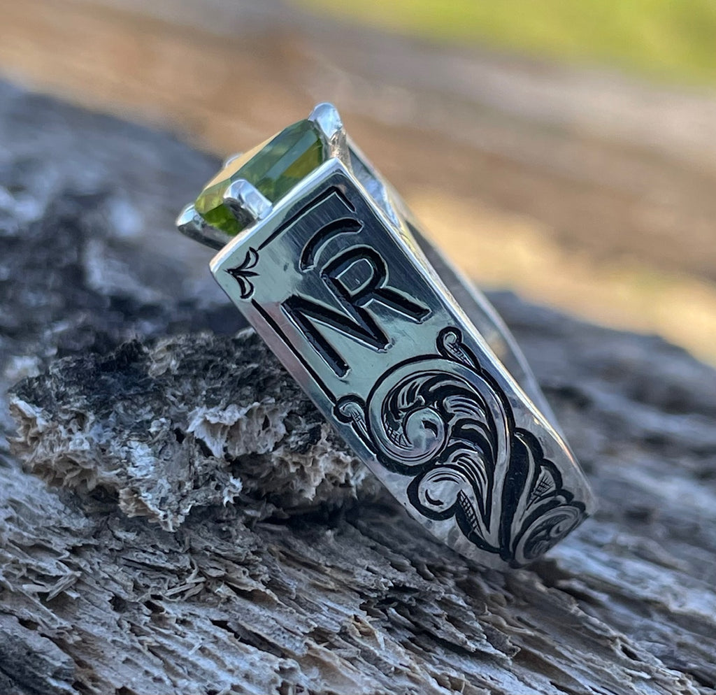 Western style engraved ring with halo setting and brand 5610