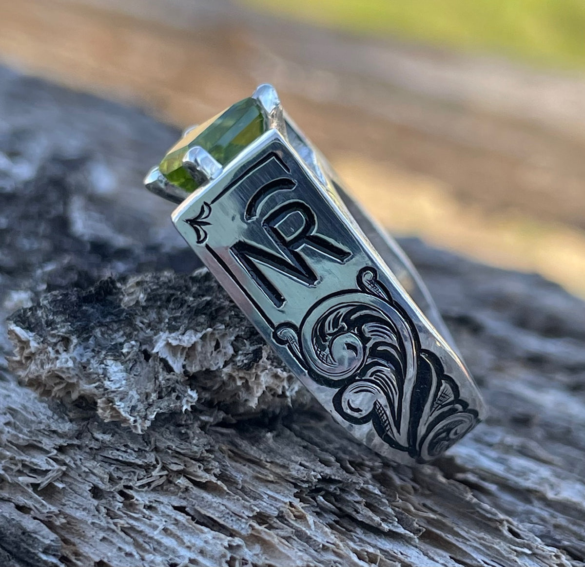 Western style engraved ring with halo setting and brand 5610