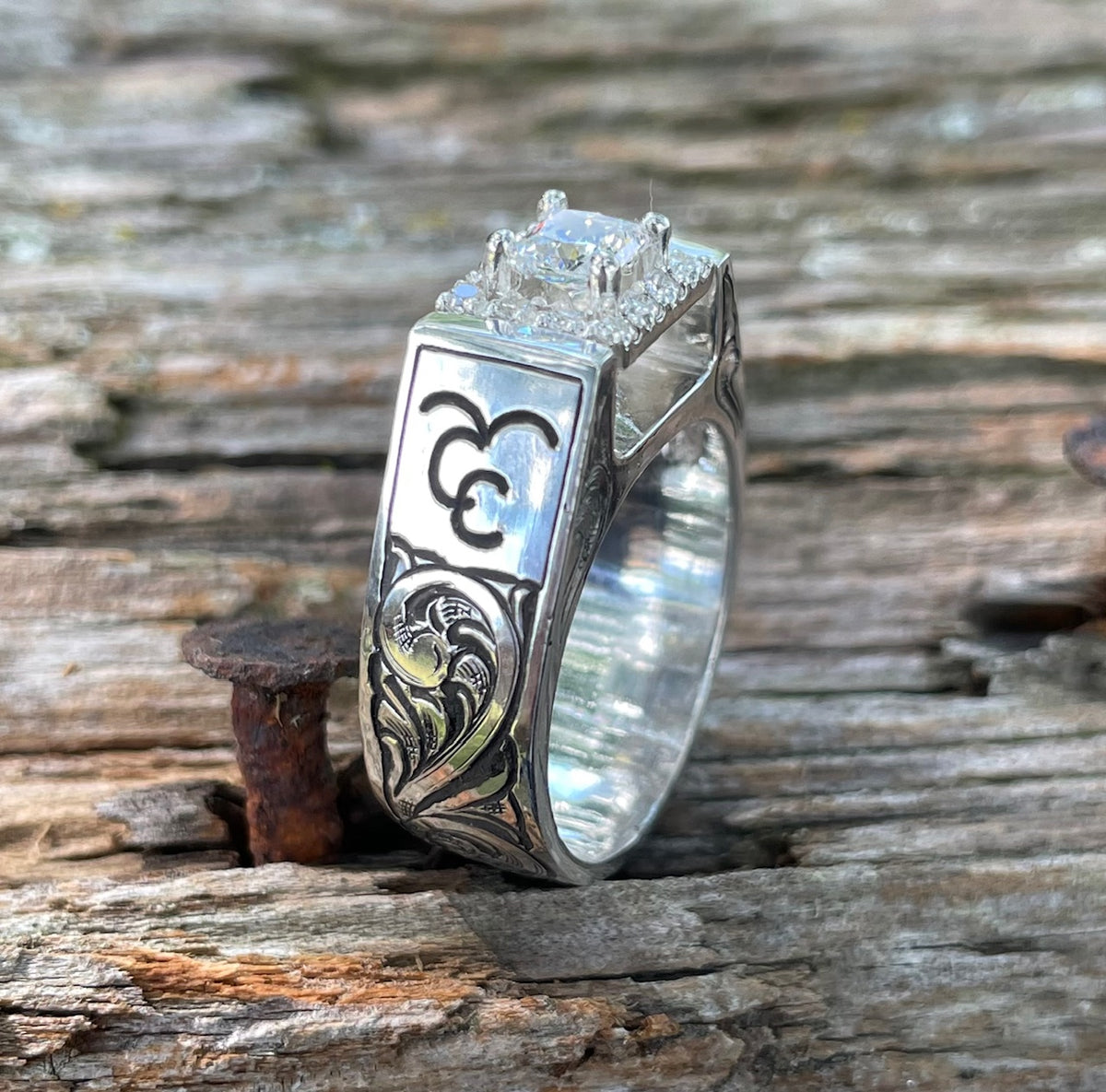 Western style engraved ring with halo setting and brand 5610