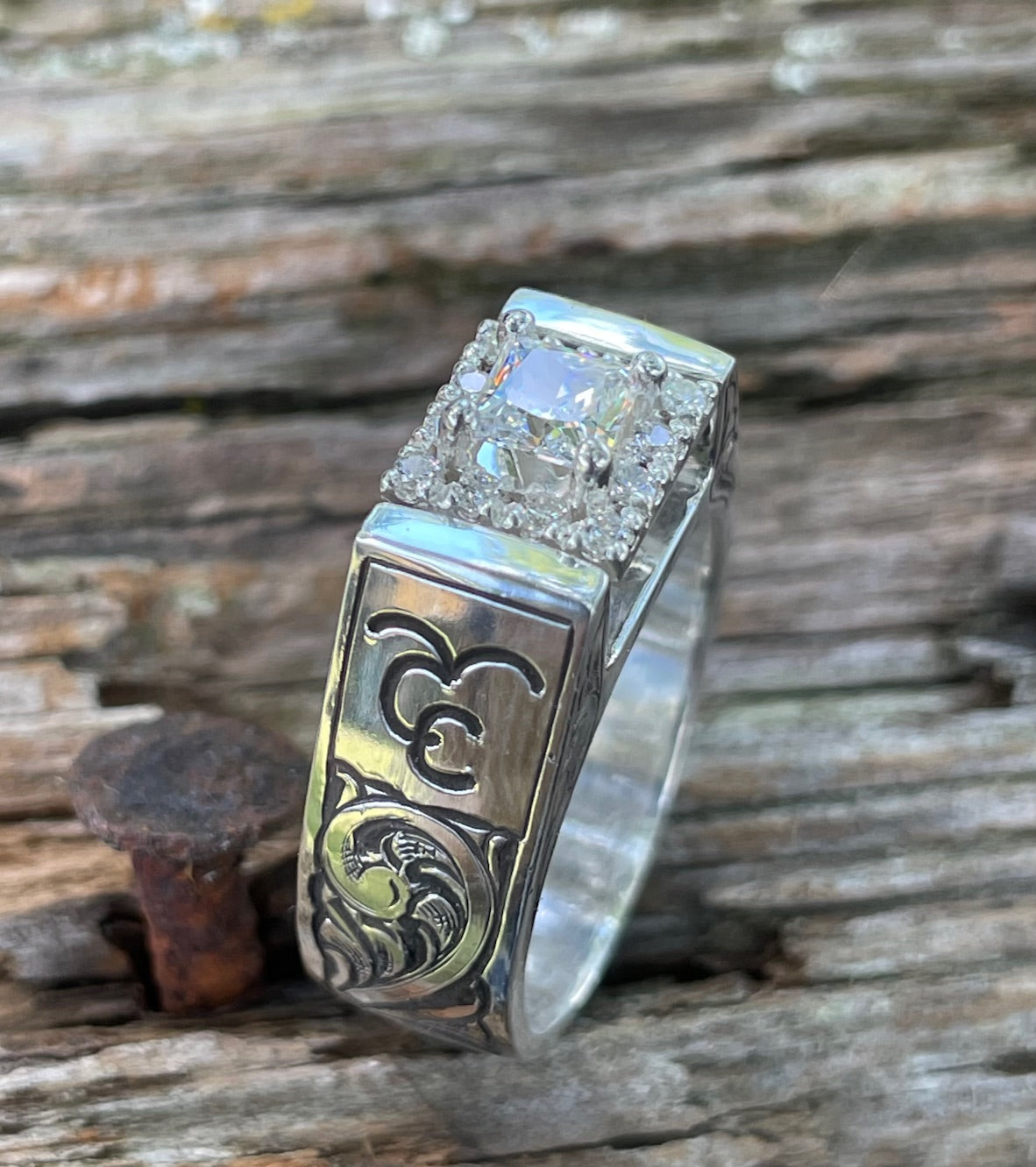 Western style engraved ring with halo setting and brand 5610