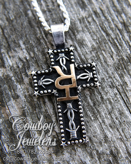 Barb wire cross pendant with brand  7771sb_brand