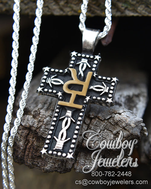 Barb wire cross pendant with brand  7771sb_brand