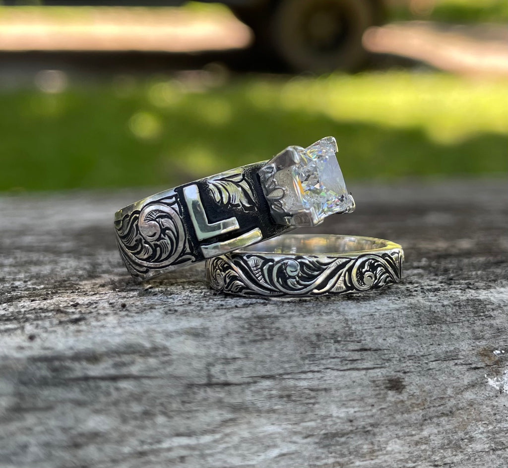 Engraved and antiqued wedding set with brand 9900