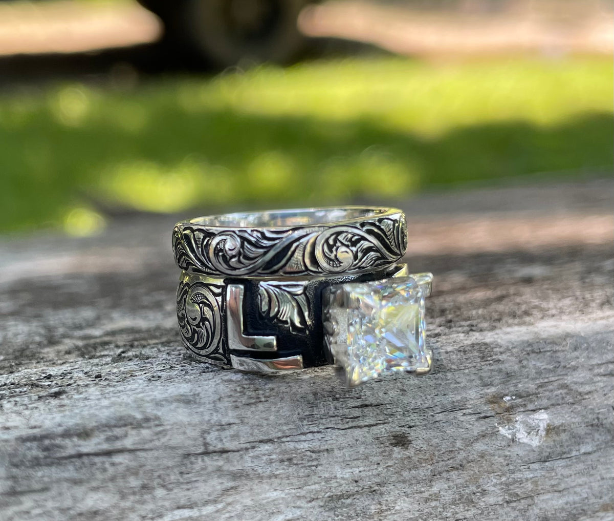 Engraved and antiqued wedding set with brand 9900