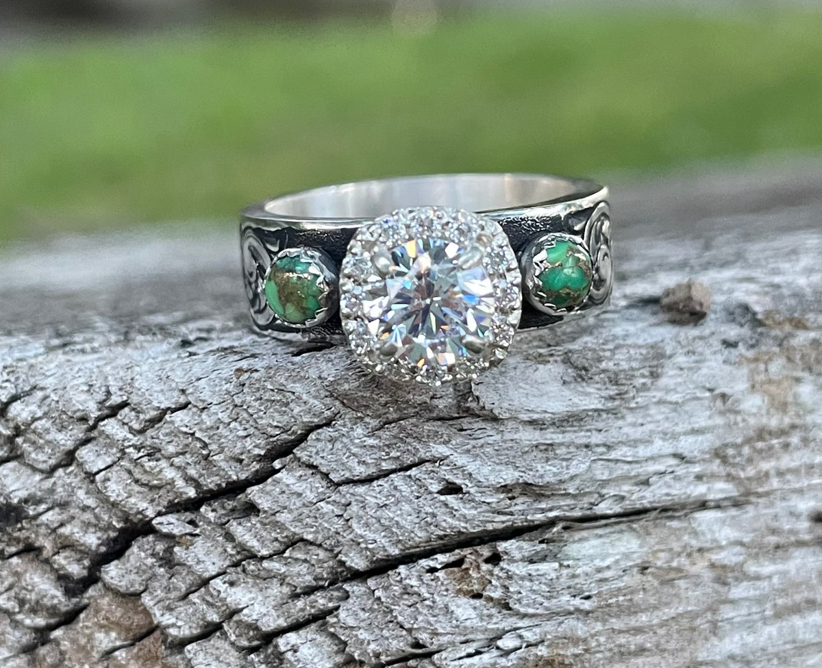 Engraved band, halo setting with turquoise accents & antique background 5508
