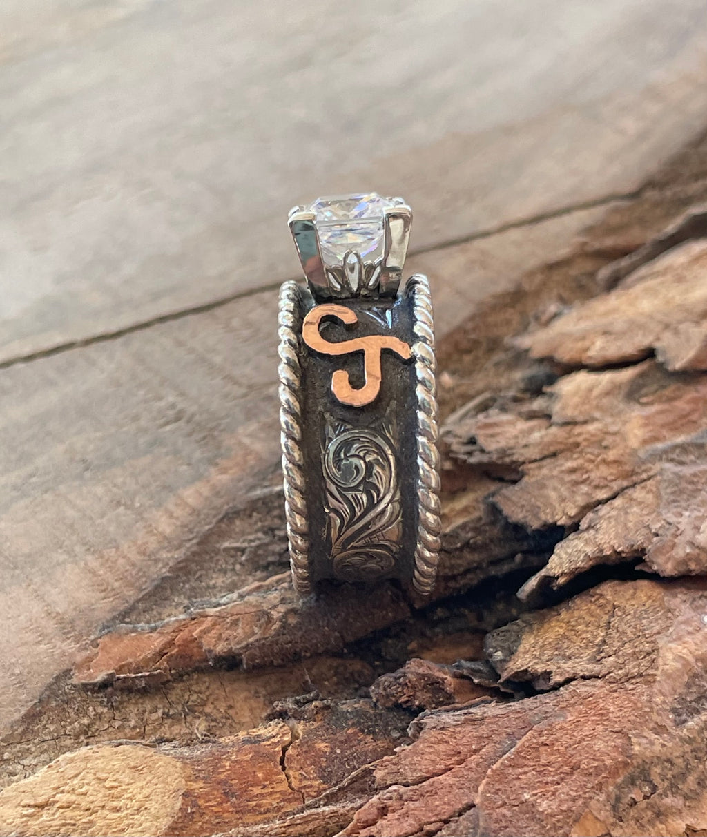 Western style, antique engraved Rope Edge wedding Ring 5049